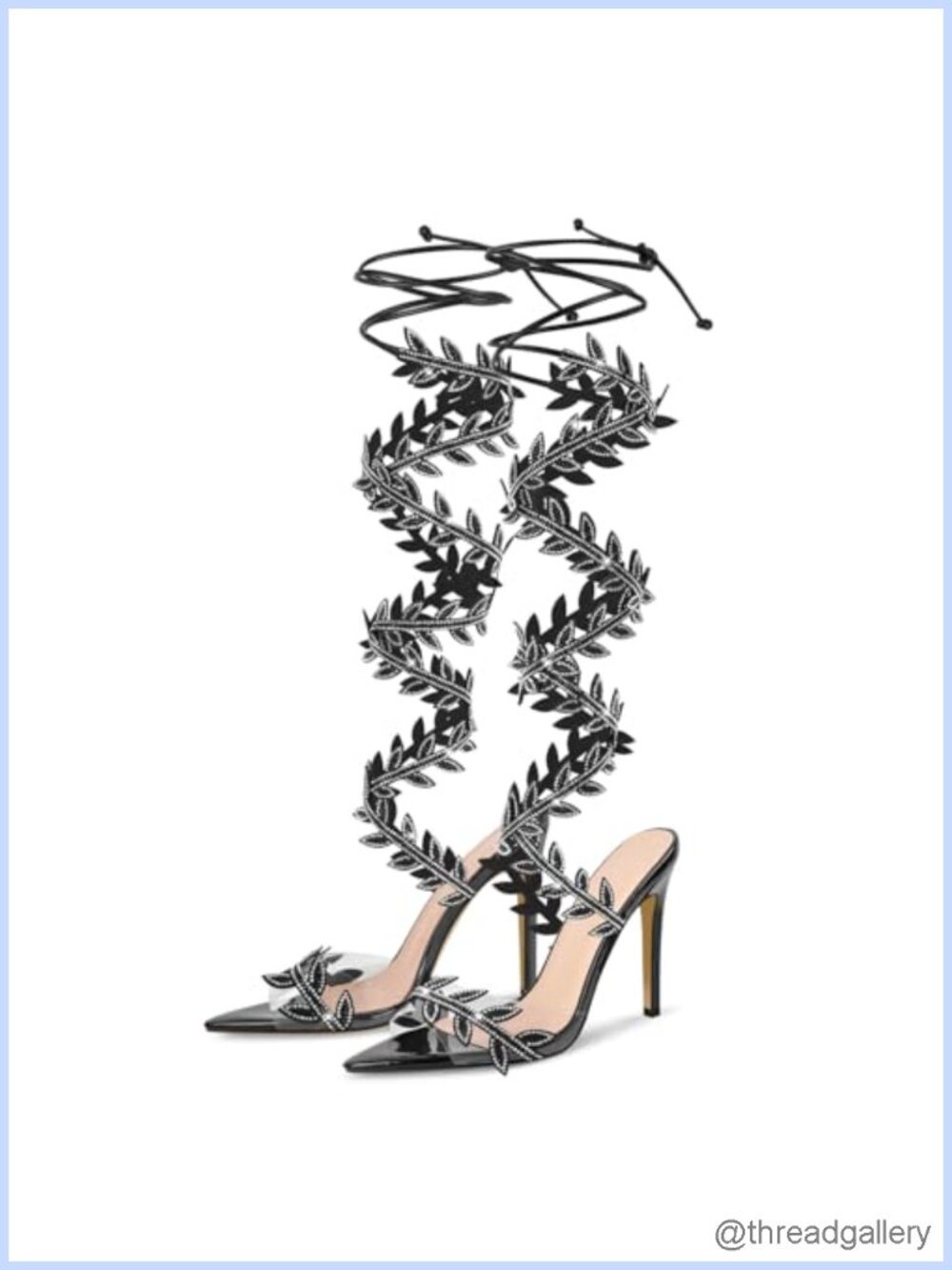 Rhinestone Leaf Wrap Strap Knee High Gladiator Sandals Pointed Toe Stiletto
